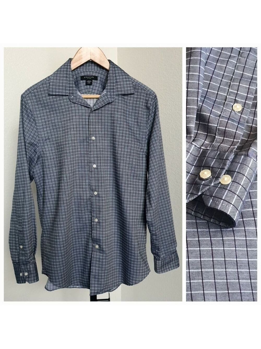 Structure Shirt Men M Blue Button Down Dress Shirt Long Sleeve Fitted Grid Check